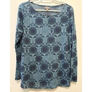 J Jill  Lightweight Semi Sheer Slub Knit Blue Floral LS Shirt Size Medium